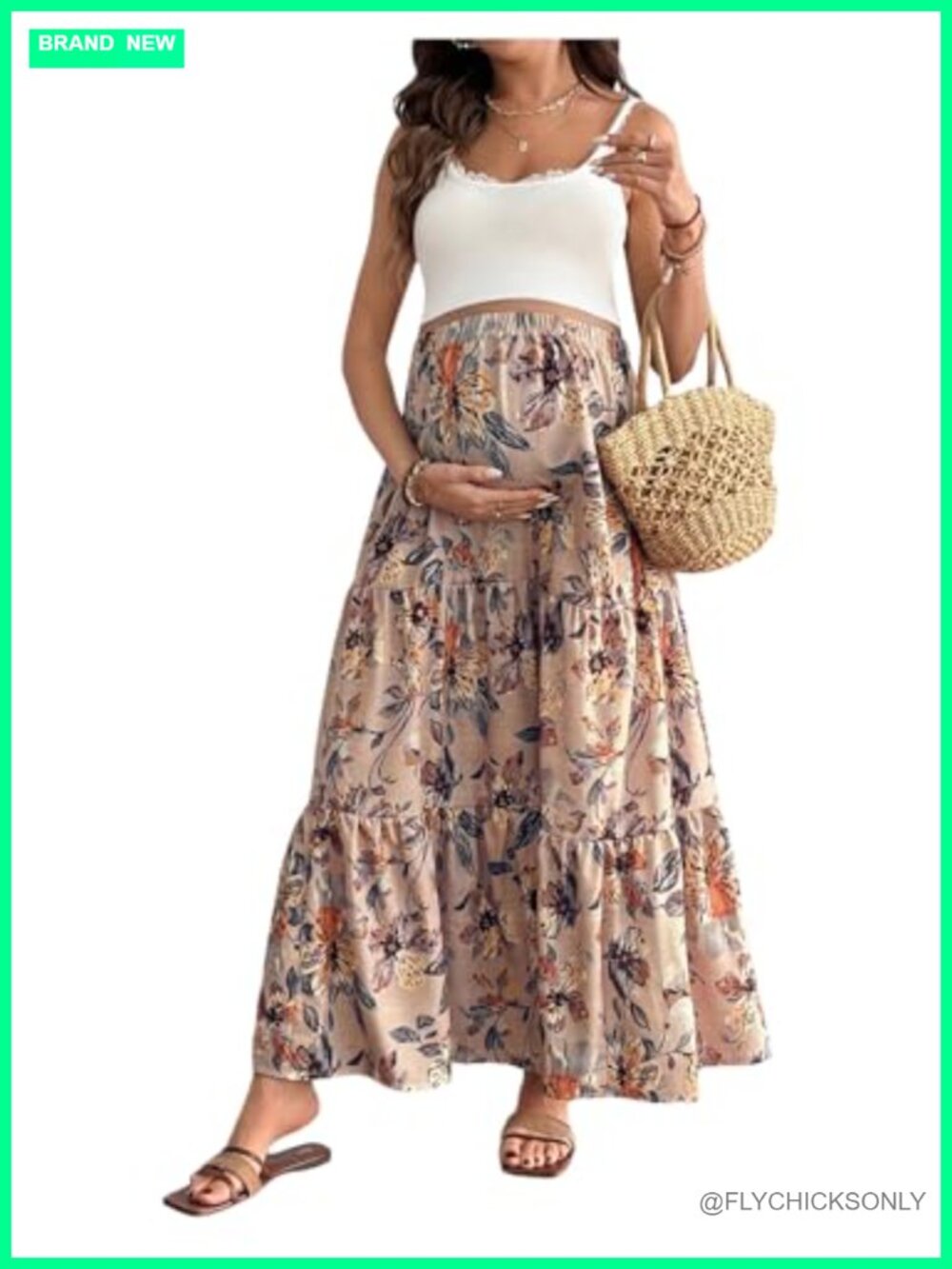Maternity Ruffle Hem Flowy Maxi Skirt High Waist A-Line Tiered